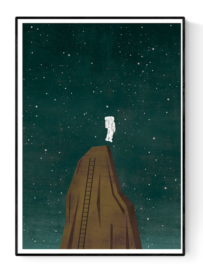 Astronaut standing on a rocky cliff under a starry night sky in conceptual illustration Small Pretentions by Ana Yael – minimalist giclée print exploring ambition, solitude, and cosmic reflection in deep green and earthy tones.