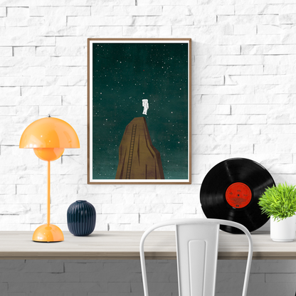 Astronaut standing on a rocky cliff under a starry night sky in conceptual illustration Small Pretentions by Ana Yael – minimalist giclée print exploring ambition, solitude, and cosmic reflection in deep green and earthy tones.