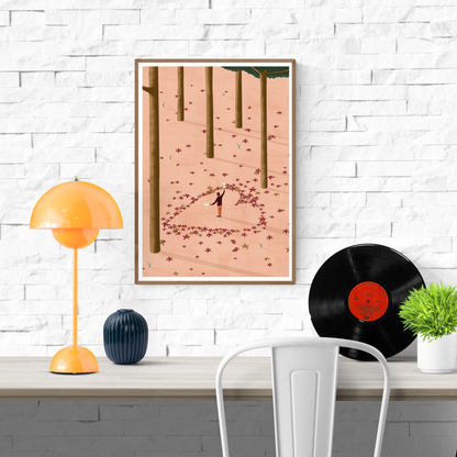 A3 Giclée art print titled The Welcome by Ana Yael, showing a person in a forest forming a glowing doorway from fallen red leaves. Printed on 192g Epson Enhanced Matte paper in Spain. Conceptual illustration with warm colors and introspective tone.