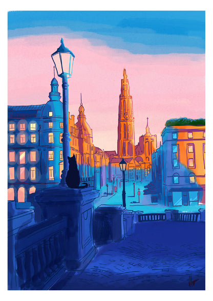 Vertical giclée art print by Valeria Maggiani showing a colourful view towards Antwerp Cathedral, with a seated black cat, deep blue streets and a pink sky, ideal for contemporary wall decor.