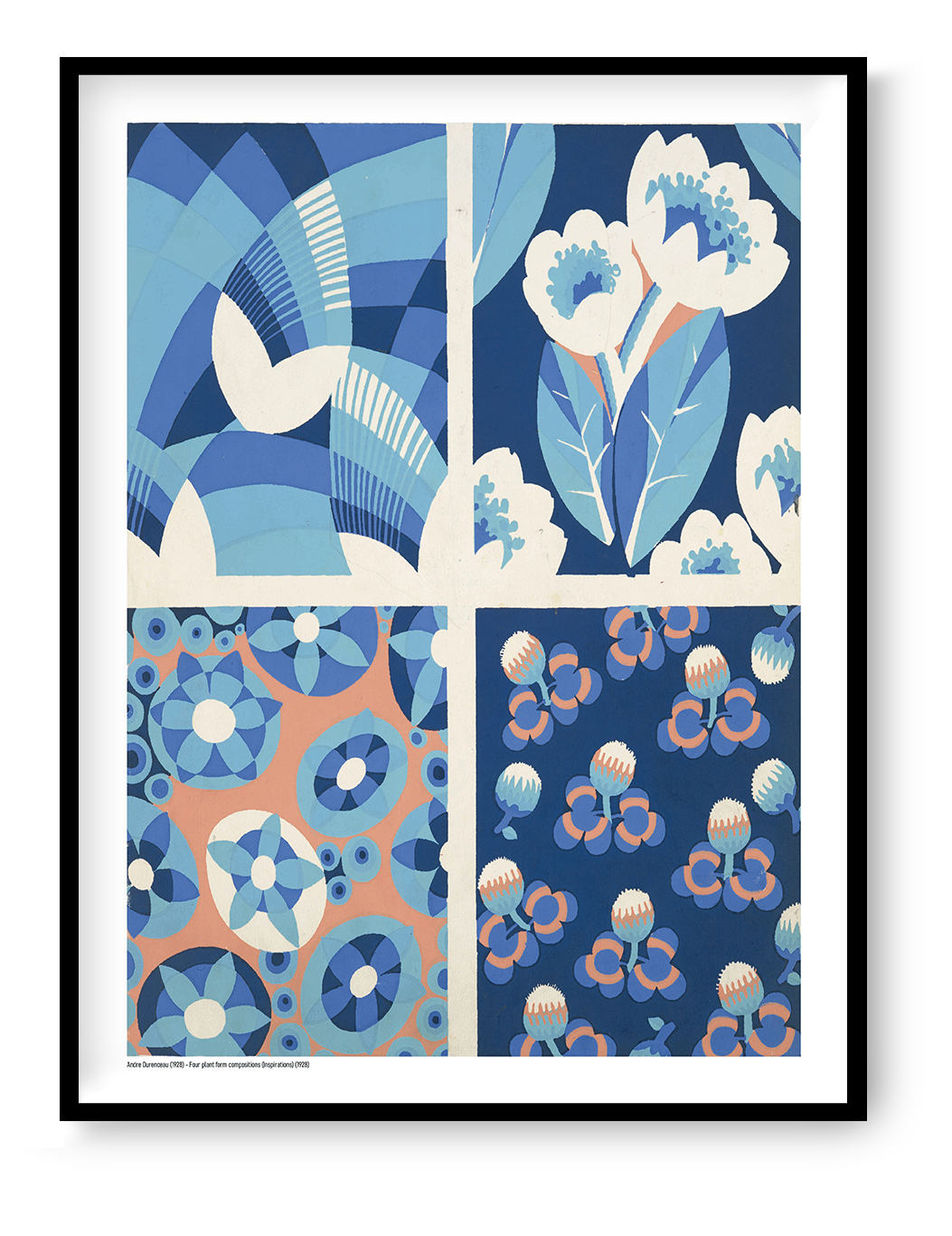 Four Plant Form Compositions by André Durenceau, portrait botanical design with geometric flowers and patterns in blue, turquoise, coral and cream, reproduced as a digital print for colorful wall decor.