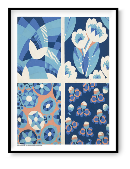 Four Plant Form Compositions by André Durenceau, portrait botanical design with geometric flowers and patterns in blue, turquoise, coral and cream, reproduced as a digital print for colorful wall decor.
