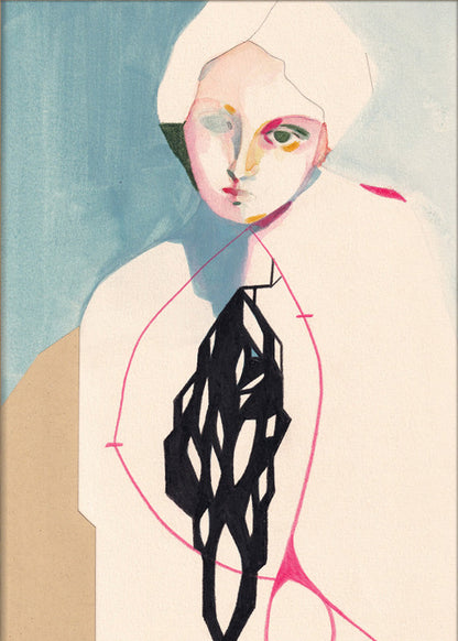 Elegant and emotional portrait of a woman with abstract geometric lines and muted pastel tones – Resilience by Ángel Hernández, 30 x 40 cm art print made in Italy, ideal for modern interiors and collectors of poetic figurative illustration.