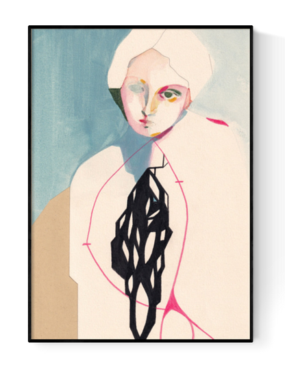 Elegant and emotional portrait of a woman with abstract geometric lines and muted pastel tones – Resilience by Ángel Hernández, 30 x 40 cm art print made in Italy, ideal for modern interiors and collectors of poetic figurative illustration.