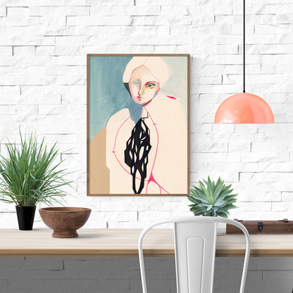 Elegant and emotional portrait of a woman with abstract geometric lines and muted pastel tones – Resilience by Ángel Hernández, 30 x 40 cm art print made in Italy, ideal for modern interiors and collectors of poetic figurative illustration.