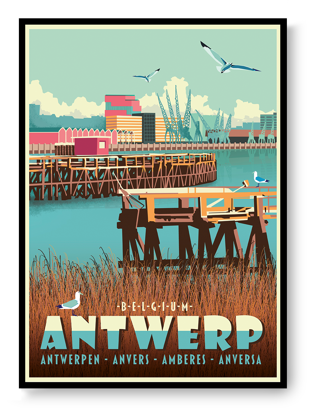 Digital architectural art print of Antwerp Eilandje harbor, featuring docks, cranes, water reflections, and seagulls in a retro-inspired style by Belgian illustrator Gert Paenen.