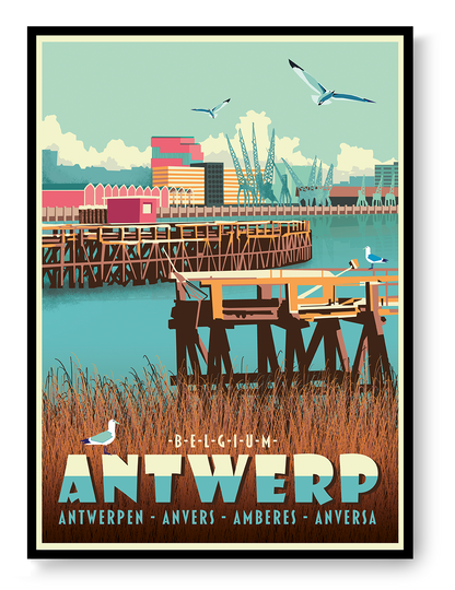 Digital architectural art print of Antwerp Eilandje harbor, featuring docks, cranes, water reflections, and seagulls in a retro-inspired style by Belgian illustrator Gert Paenen.