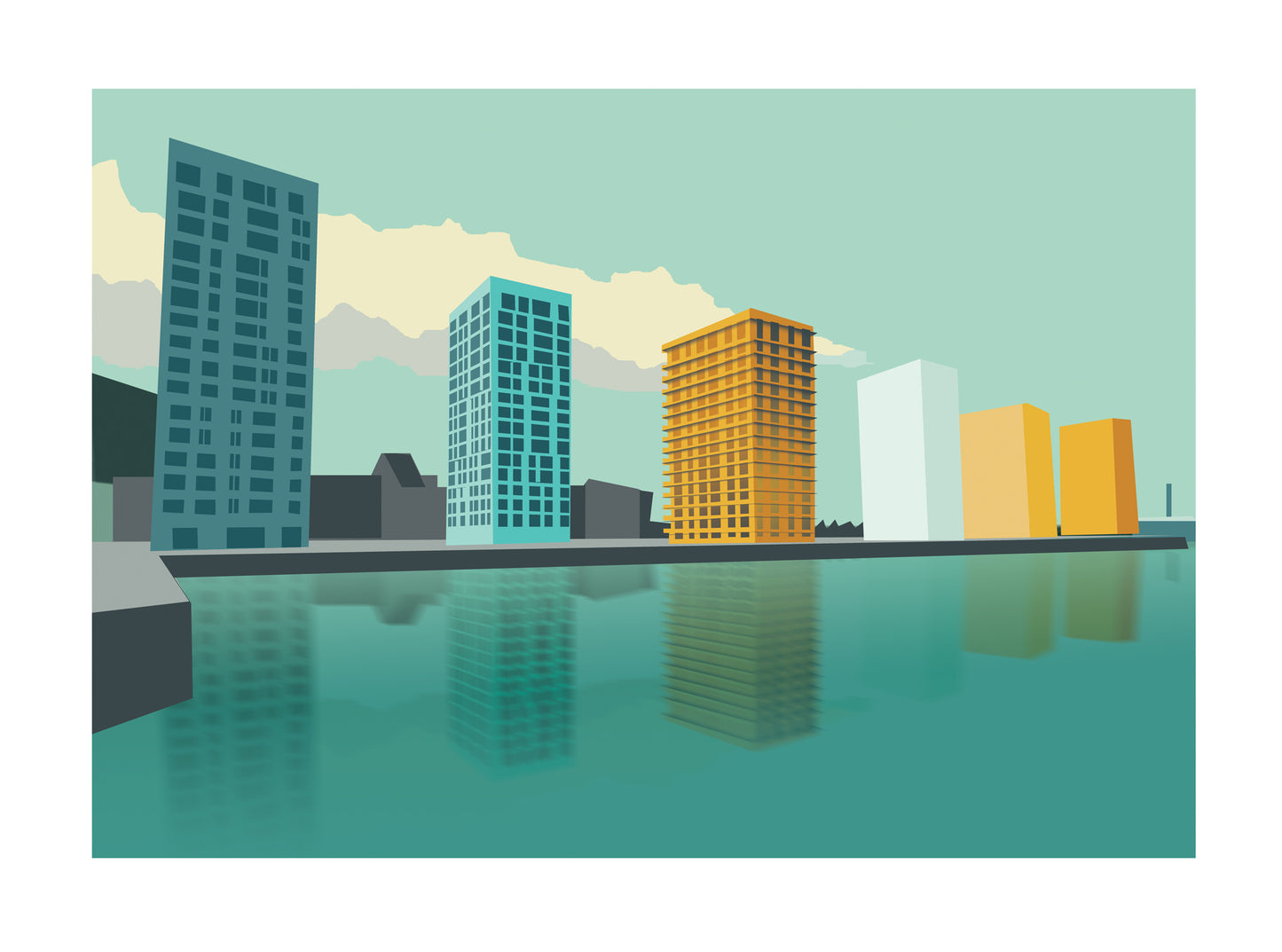Illustration of Kattendijkdok skyline in Antwerp with colorful modern buildings reflected in calm green water, created by Belgian artist Studio Frits – 30 x 40 cm art print.