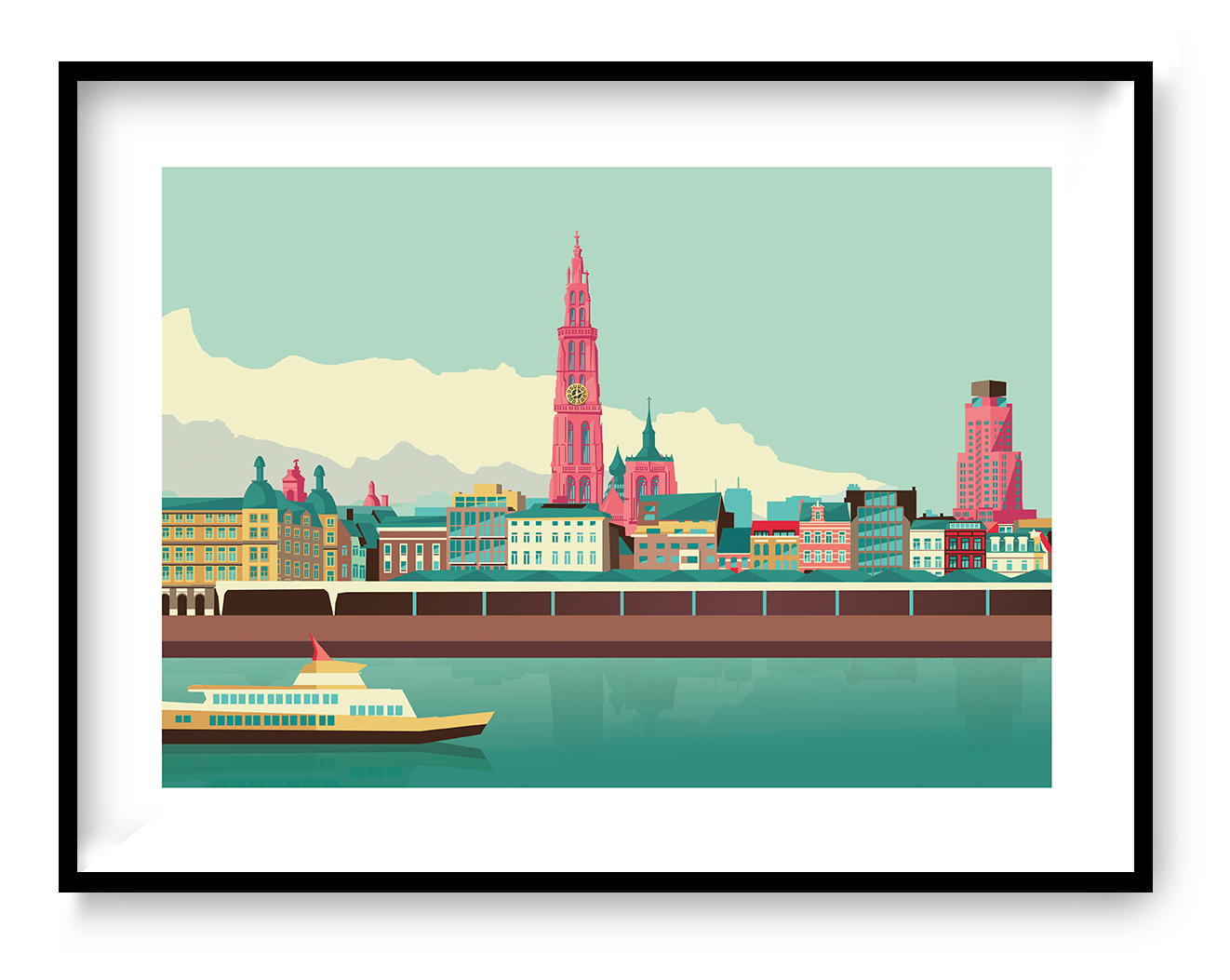 Antwerp Skyline by Gert Paenen, modern cityscape art print featuring the Antwerp waterfront, cathedral tower, pastel buildings, and river reflections in a clean graphic style.