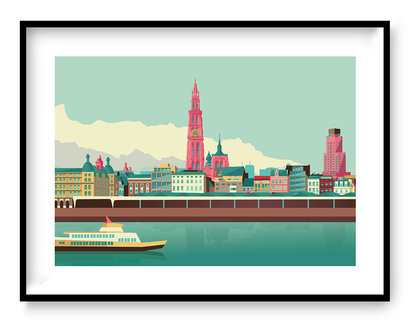 Antwerp Skyline by Gert Paenen, modern cityscape art print featuring the Antwerp waterfront, cathedral tower, pastel buildings, and river reflections in a clean graphic style.