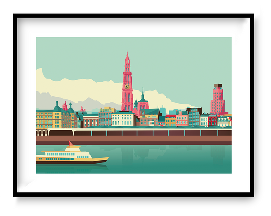Antwerp Skyline by Gert Paenen, modern cityscape art print featuring the Antwerp waterfront, cathedral tower, pastel buildings, and river reflections in a clean graphic style.