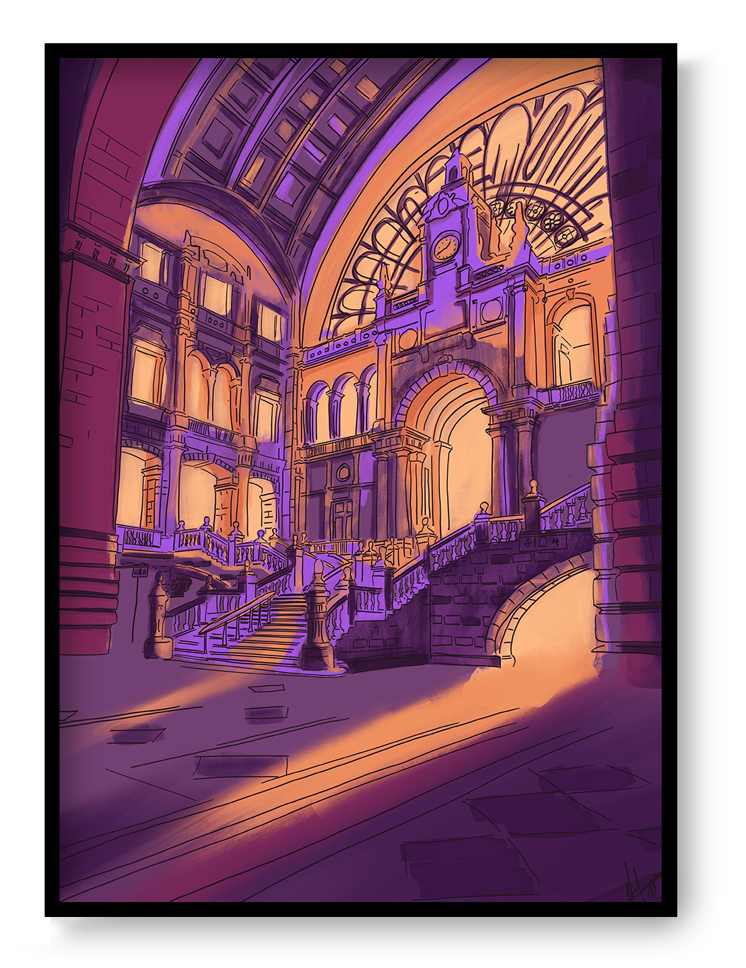 Antwerp Central Station hall interior illustration with grand staircase and historic architecture railway cathedral Belgium art print