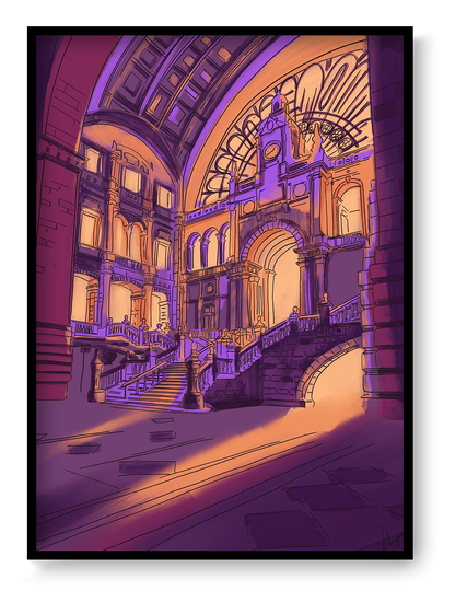 Antwerp Central Station hall interior illustration with grand staircase and historic architecture railway cathedral Belgium art print
