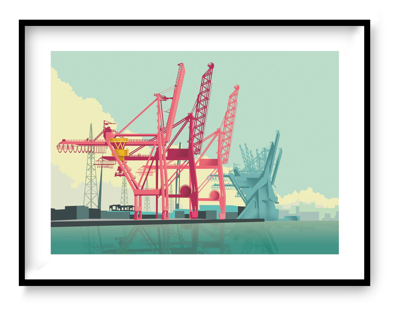 Striking graphic illustration by Studio Frits titled 'Antwerp Port,' featuring a bold composition of industrial cranes in vivid red and soft teal tones, set against a calm harbor with a pastel sky. This modern, stylized view of Belgium’s iconic port captures the scale, structure, and rhythm of maritime industry—ideal for contemporary interiors and urban art collectors