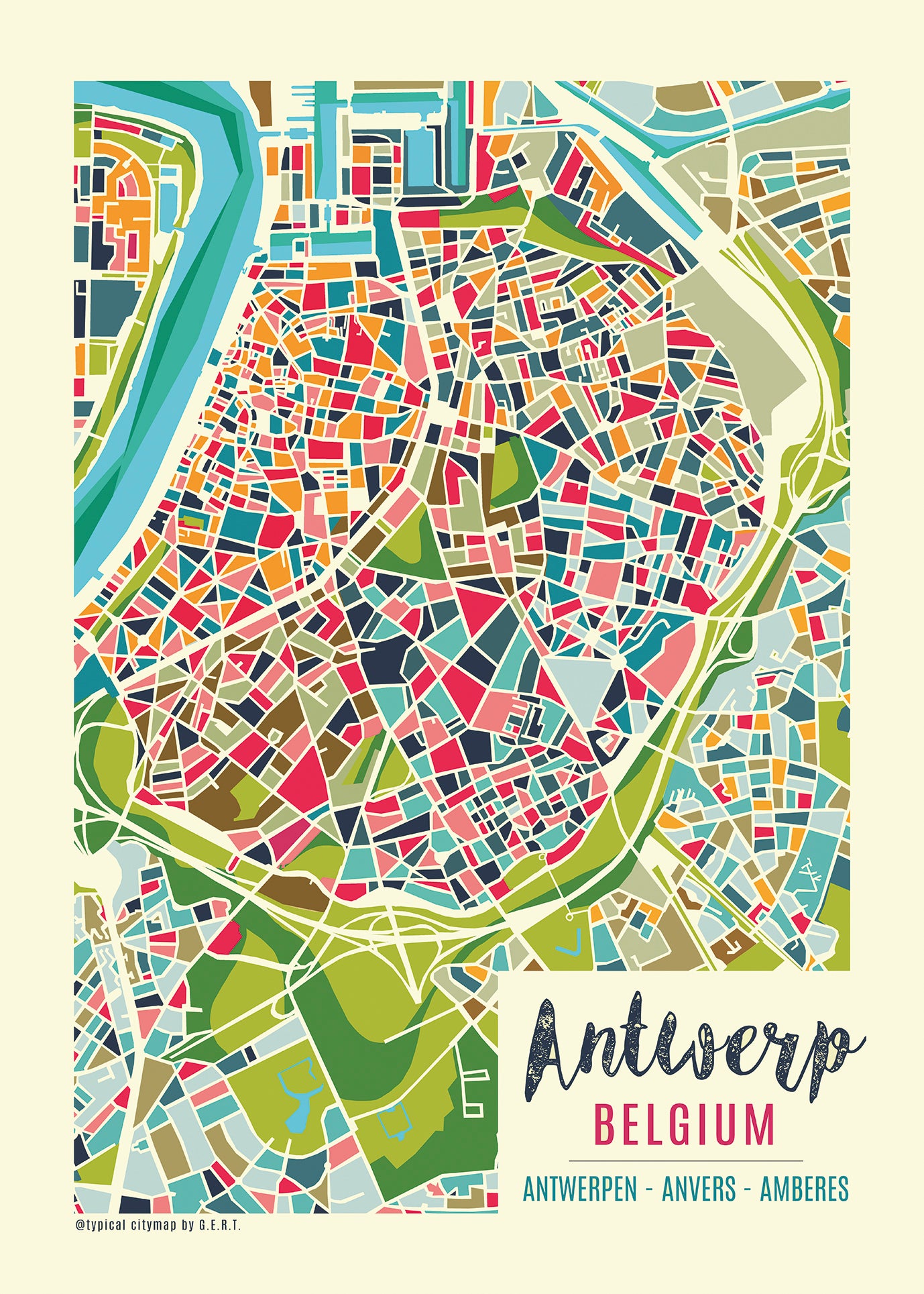 Colorful modern illustration of Antwerp city map by Studio Frits, featuring an abstract geometric layout of Belgium’s iconic port city. Urban wall art showcasing Antwerp's neighborhoods, streets, and river in vibrant colors. Perfect for travel lovers, map collectors, or contemporary home decor. Available as a high-quality art print at Galerie Frits