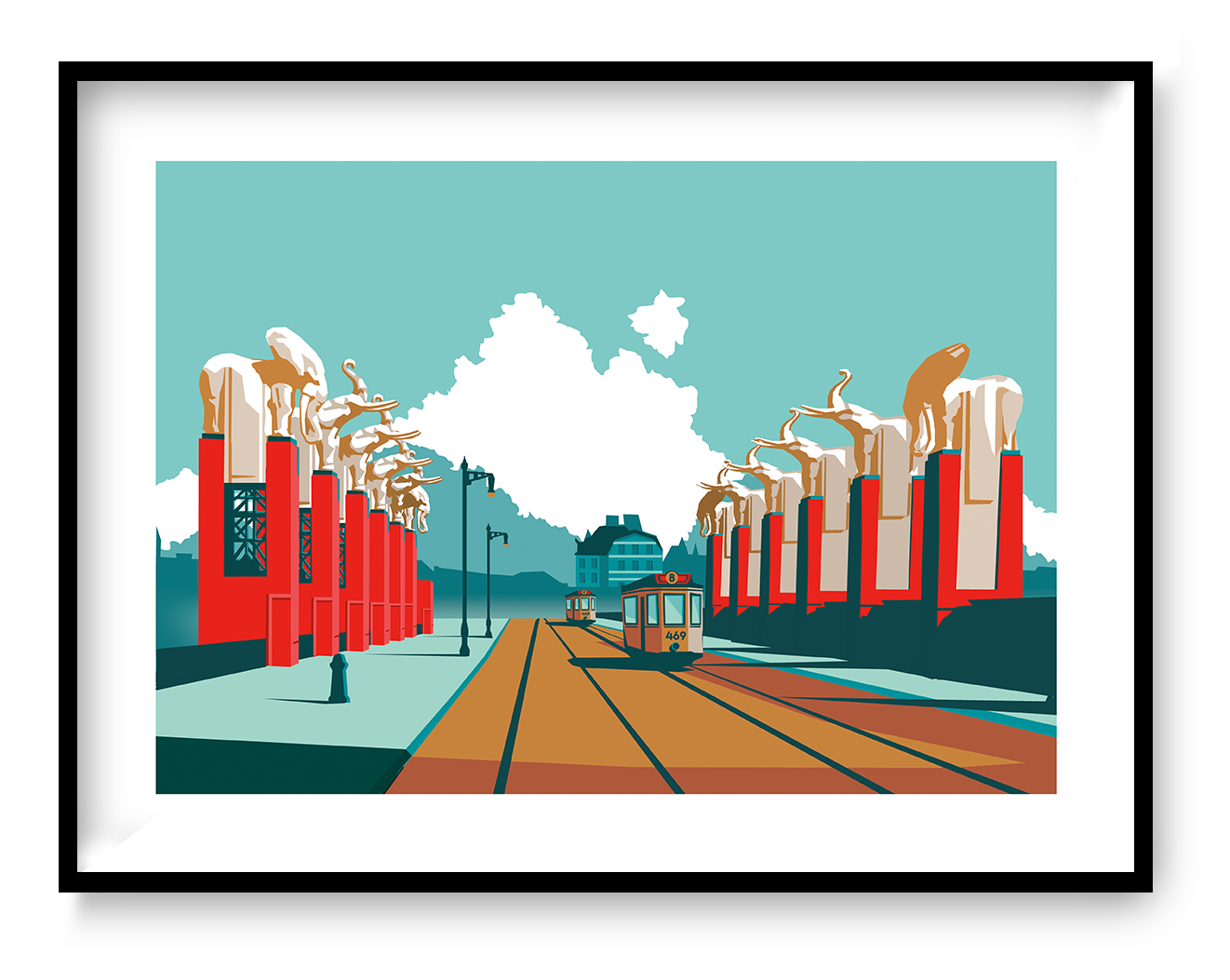 Graphic illustration of the historic Olifantenbrug bridge in Antwerp with elephant sculptures and tram tracks, architectural artwork by Studio Frits.