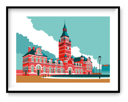 Graphic architectural illustration of historic Antwerpen Zuidstation railway station in Antwerp by Studio Frits, bold red building with tower in minimalist retro style.
