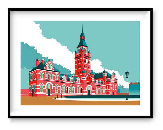 Graphic architectural illustration of historic Antwerpen Zuidstation railway station in Antwerp by Studio Frits, bold red building with tower in minimalist retro style.