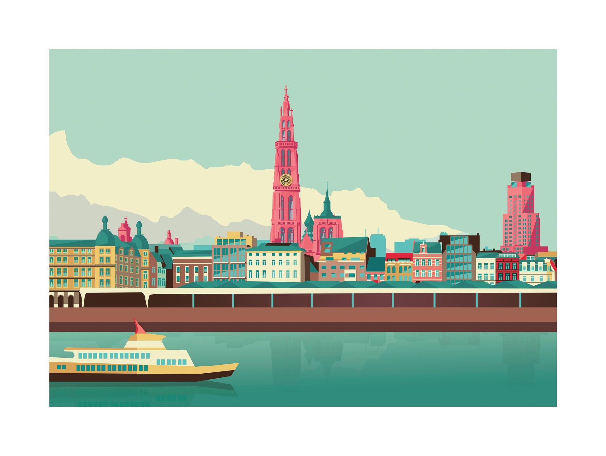 Antwerp Skyline by Gert Paenen, modern cityscape art print featuring the Antwerp waterfront, cathedral tower, pastel buildings, and river reflections in a clean graphic style.