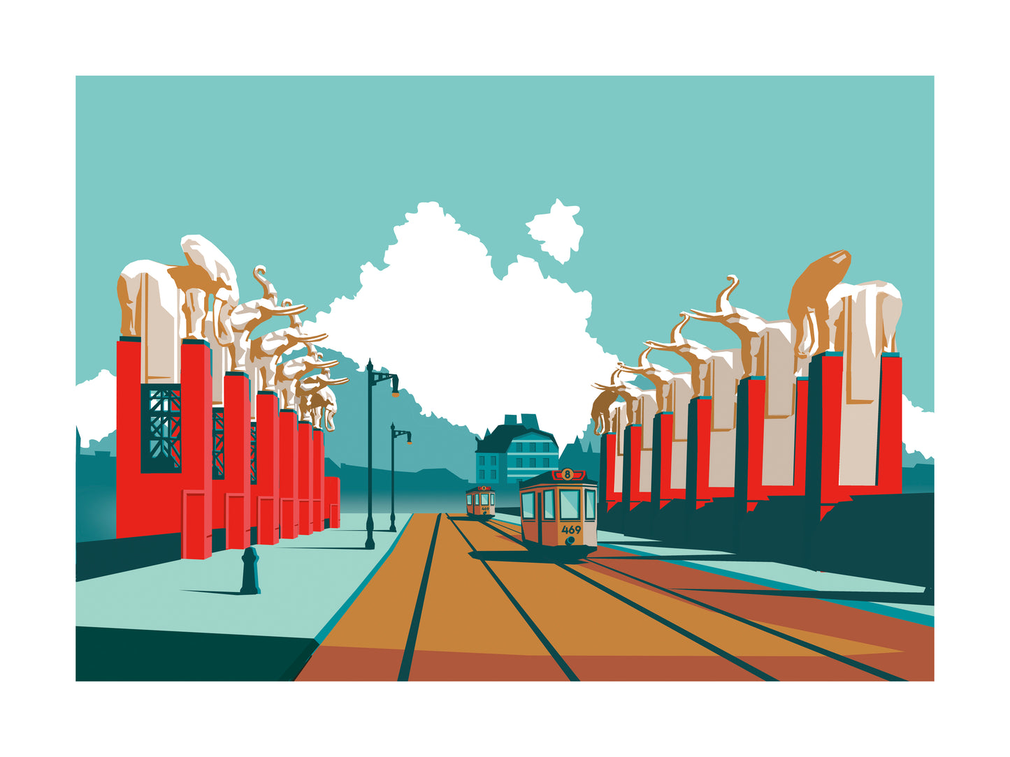 Graphic illustration of the historic Olifantenbrug bridge in Antwerp with elephant sculptures and tram tracks, architectural artwork by Studio Frits.