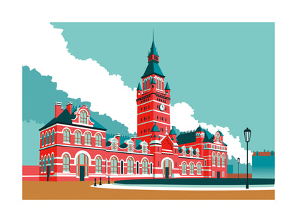 Graphic architectural illustration of historic Antwerpen Zuidstation railway station in Antwerp by Studio Frits, bold red building with tower in minimalist retro style.