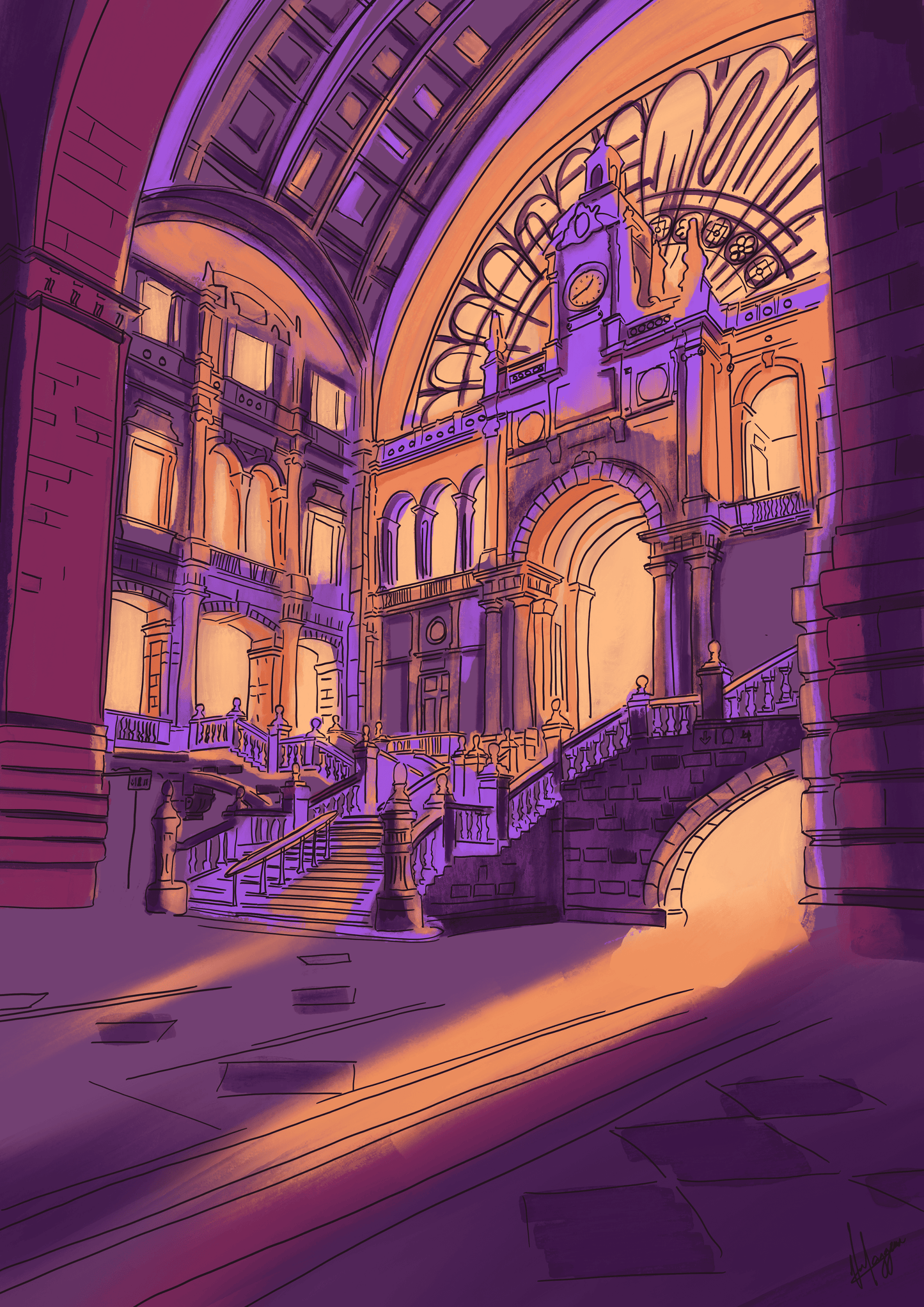 Antwerp Central Station hall interior illustration with grand staircase and historic architecture railway cathedral Belgium art print