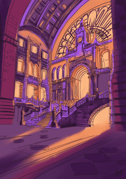 Antwerp Central Station hall interior illustration with grand staircase and historic architecture railway cathedral Belgium art print