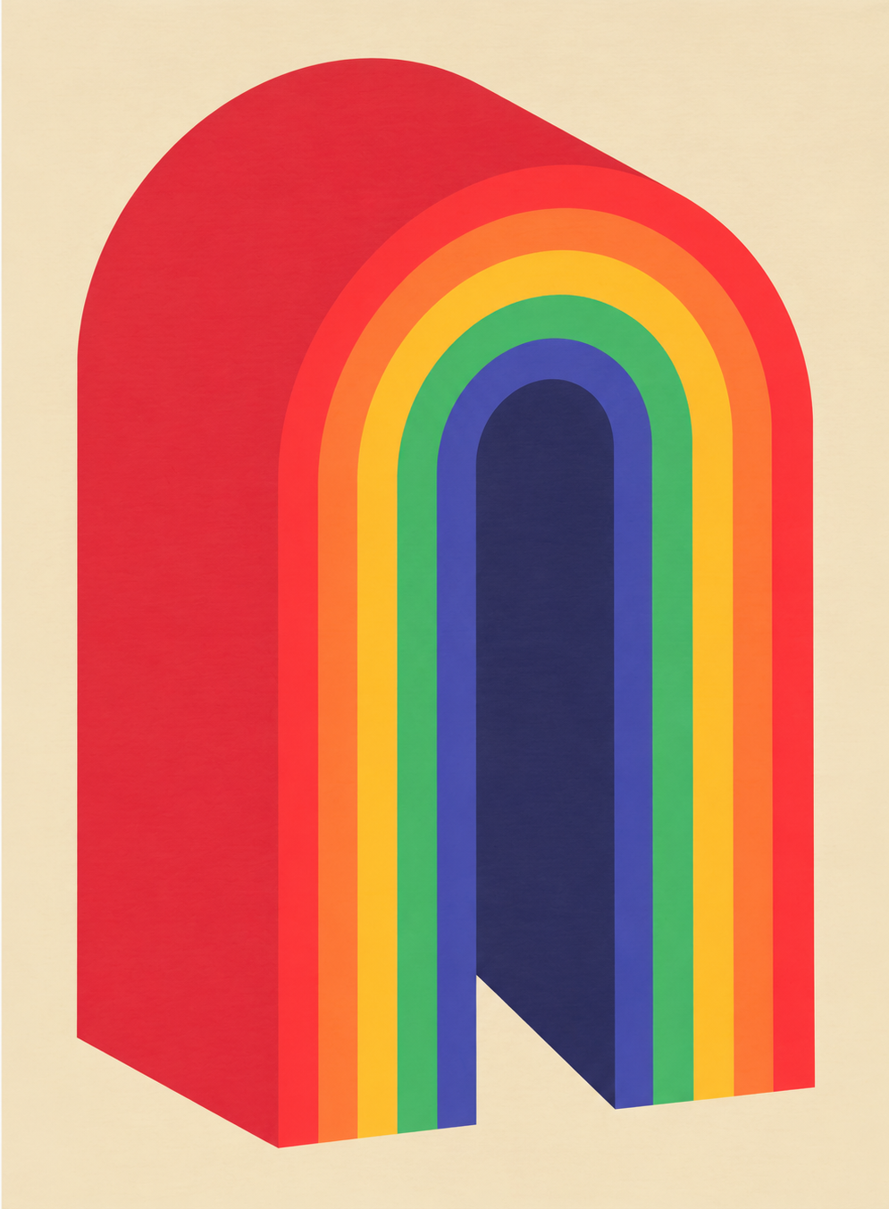 Rainbow by PTRVRKD, a vertical A4 risograph print featuring layered geometric arches in red, orange, yellow, green, blue and indigo on a cream background. Retro-inspired wall art for modern interiors.