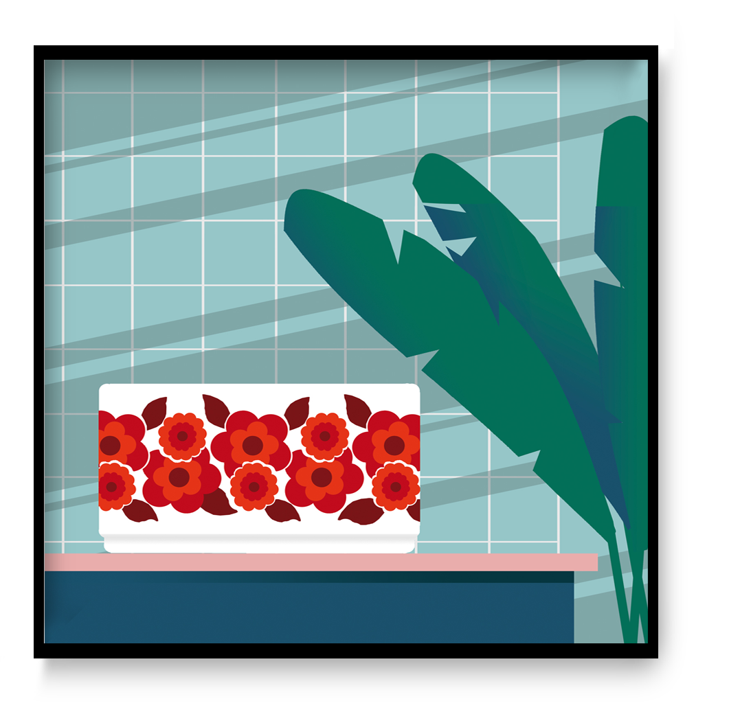 Stylish modern illustration by Studio Frits titled 'Arcopal Lotus Bowl,' featuring a vintage Arcopal dish with its iconic red floral pattern placed on a pastel pink shelf against a tiled retro kitchen wall. Accented with bold tropical leaves, this vibrant artwork blends nostalgia with contemporary minimalism—perfect for vintage lovers, kitchen art collectors, and fans of mid-century design