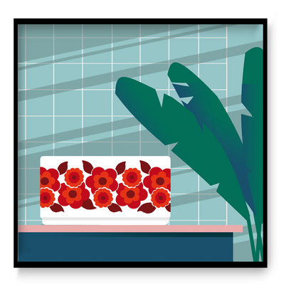 Stylish modern illustration by Studio Frits titled 'Arcopal Lotus Bowl,' featuring a vintage Arcopal dish with its iconic red floral pattern placed on a pastel pink shelf against a tiled retro kitchen wall. Accented with bold tropical leaves, this vibrant artwork blends nostalgia with contemporary minimalism—perfect for vintage lovers, kitchen art collectors, and fans of mid-century design