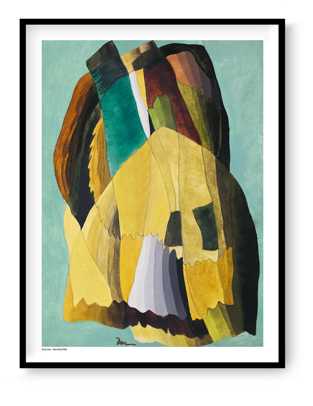 Arthur Dove’s Shore Road, a vertical abstract digital art print with turquoise, mustard yellow, green, brown and burgundy organic forms, ideal as colourful modern wall decor.