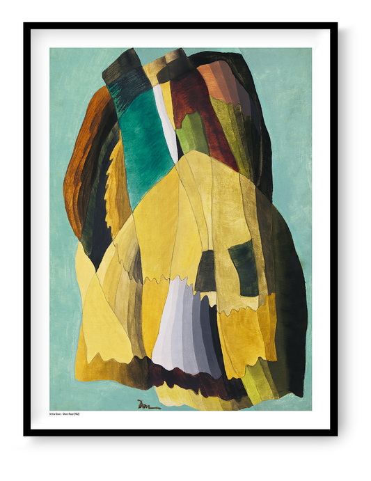 Arthur Dove’s Shore Road, a vertical abstract digital art print with turquoise, mustard yellow, green, brown and burgundy organic forms, ideal as colourful modern wall decor.