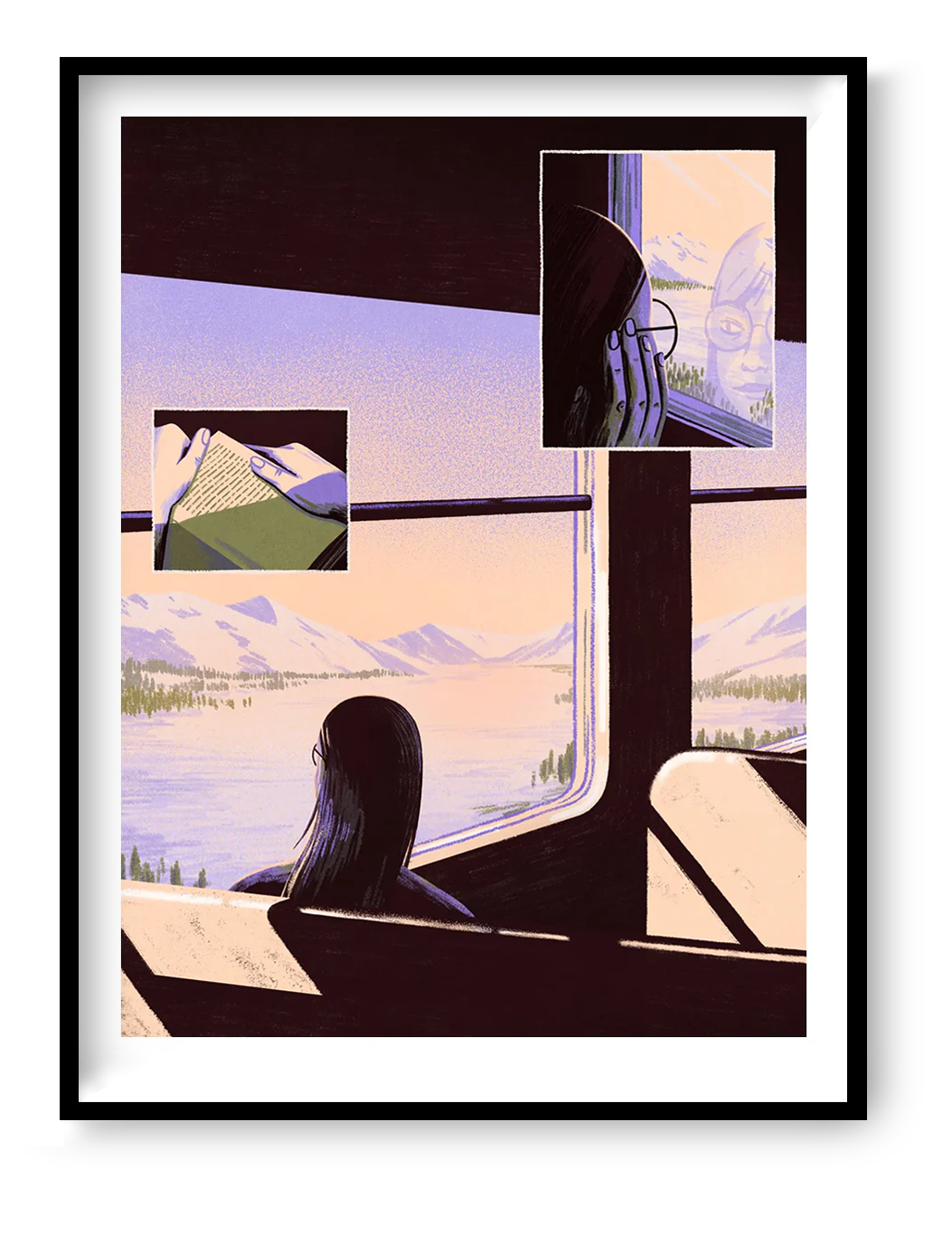 Giclée art print by Belgian illustrator Linde Raats showing a woman on a train gazing out at snowy Arctic mountains, with warm pastel hues and atmospheric light – 30x40 cm fine art print perfect for winter lovers and dreamy interiors