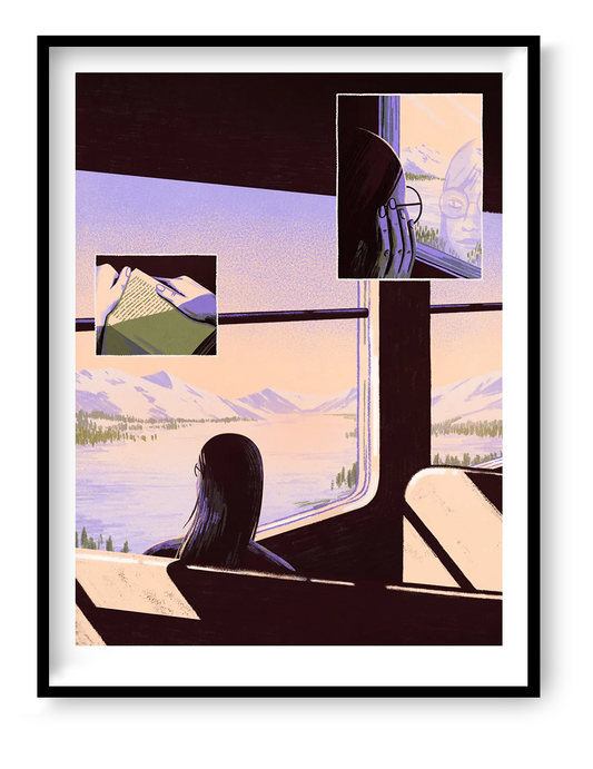 Giclée art print by Belgian illustrator Linde Raats showing a woman on a train gazing out at snowy Arctic mountains, with warm pastel hues and atmospheric light – 30x40 cm fine art print perfect for winter lovers and dreamy interiors
