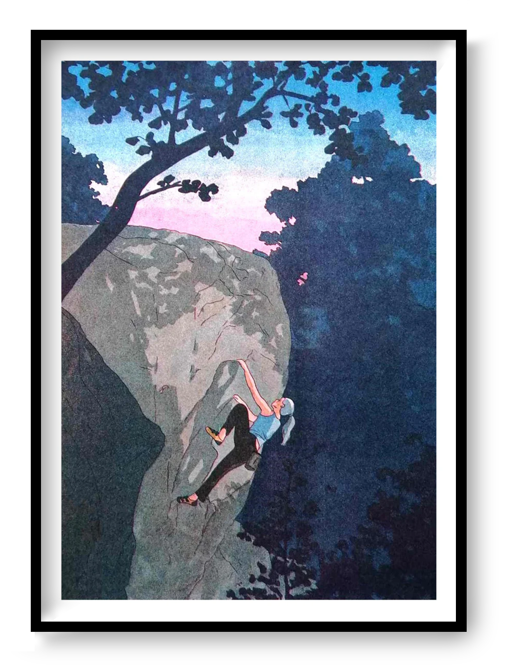 Expressive illustration by Victor Pellet titled 'Ascension Crépusculaire,' depicting a female rock climber ascending a rugged cliff face at dusk. Framed by silhouettes of trees and a soft pink-blue twilight sky, this atmospheric artwork captures the strength, solitude, and serenity of climbing in nature—ideal for outdoor enthusiasts, adventure art collectors, and modern interiors