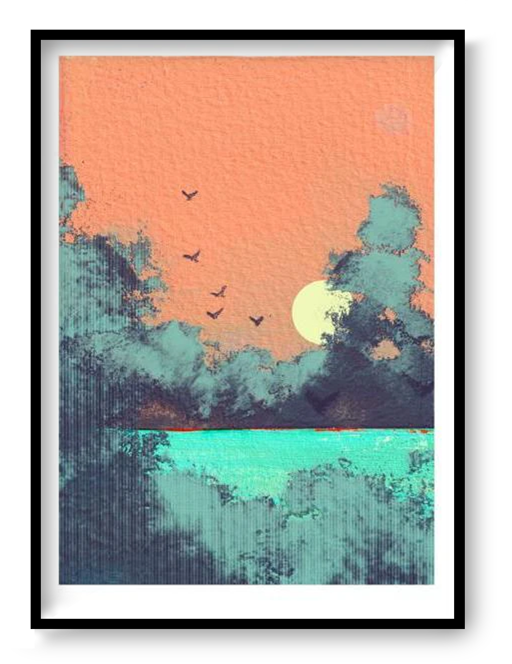 Dreamy four-color risograph art print titled Au lendemain by French artist Nattosito, featuring a soft coral sunrise over turquoise water with silhouetted trees and birds in flight. A limited edition A3 print on Munken Print White paper—perfect for modern, minimalist, and nature-inspired interiors.