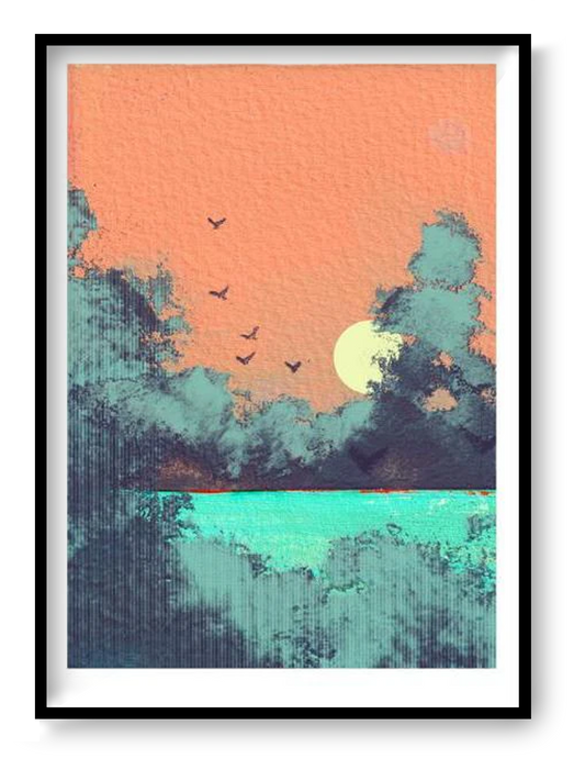Dreamy four-color risograph art print titled Au lendemain by French artist Nattosito, featuring a soft coral sunrise over turquoise water with silhouetted trees and birds in flight. A limited edition A3 print on Munken Print White paper—perfect for modern, minimalist, and nature-inspired interiors.