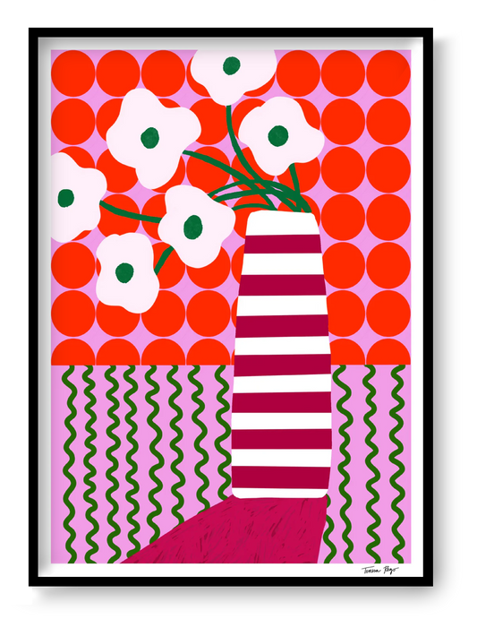 Colorful A4 Giclée print by Portuguese illustrator Teresa Rego – bold striped vase with playful white flowers, red, pink and green graphic patterns, printed on 315 gsm acid-free, 100% cotton fine art paper with pigment-based inks – vibrant botanical wall art for modern interiors.