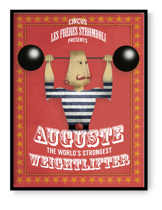Playful vintage-style illustration by Studio Frits titled 'Auguste Stromboli,' designed as a fictional circus poster featuring a strongman in a striped suit lifting cartoonishly large barbells. Surrounded by red and yellow star borders with bold typography, this whimsical artwork channels classic circus charm—perfect for eclectic interiors, children's rooms, or collectors of retro-inspired prints