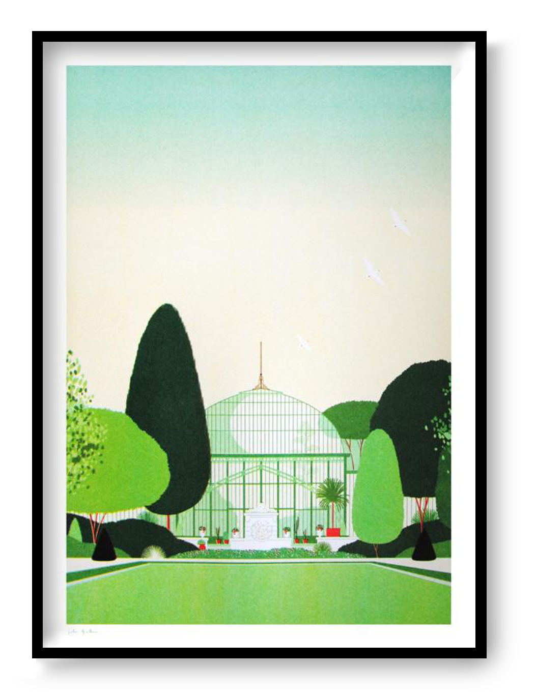 Elegant and minimalist illustration by Julie Guillem titled 'Auteuil,' featuring the iconic glasshouse of Jardin des Serres d’Auteuil in Paris, framed by lush geometric trees and a soft green sky. This serene architectural print captures the peaceful harmony of nature and structure—perfect for lovers of botanical gardens, Parisian landmarks, and refined modern decor