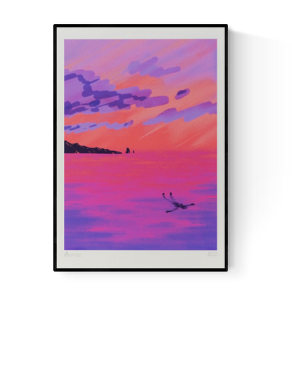 Vibrant sunset seascape illustration by Linde Raats titled 'Azores,' depicting a dreamy ocean view in striking shades of pink, purple, and coral. A lone swimmer floats peacefully in the glowing water as dramatic clouds stretch across the colorful sky—an evocative and serene print inspired by the Azores, perfect for lovers of tranquil landscapes and bold contemporary color palettes