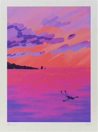 Vibrant sunset seascape illustration by Linde Raats titled 'Azores,' depicting a dreamy ocean view in striking shades of pink, purple, and coral. A lone swimmer floats peacefully in the glowing water as dramatic clouds stretch across the colorful sky—an evocative and serene print inspired by the Azores, perfect for lovers of tranquil landscapes and bold contemporary color palettes