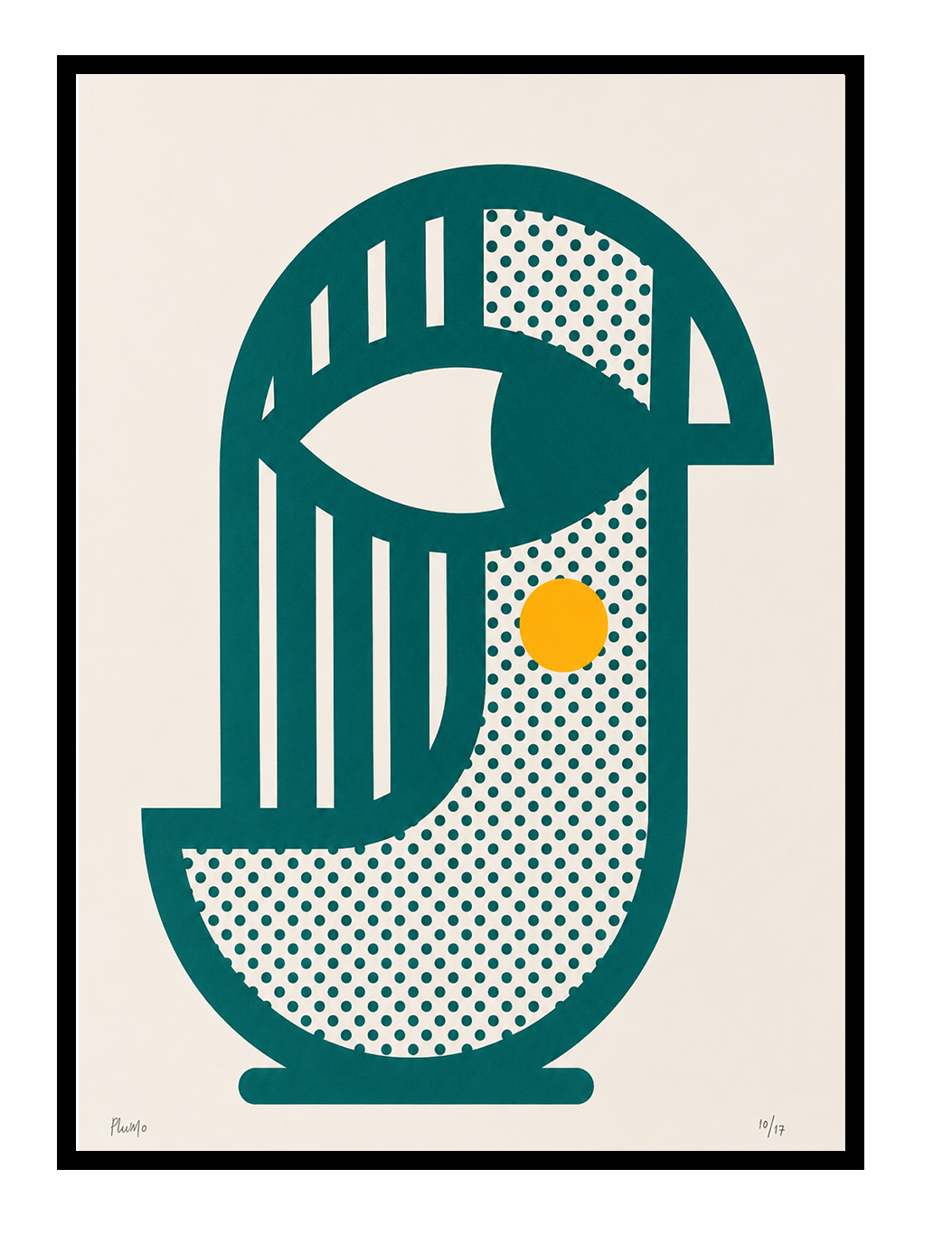 Bird 1 handmade screenprint by PLUMO featuring a geometric abstract bird shape in teal with dotted textures and a yellow circular detail on an off-white background, modern A3 wall art print for contemporary interiors.