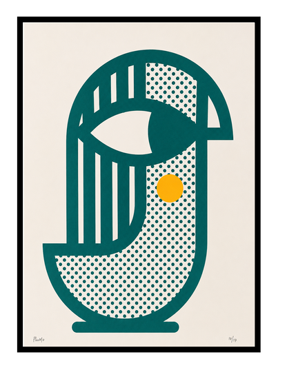 Bird 1 handmade screenprint by PLUMO featuring a geometric abstract bird shape in teal with dotted textures and a yellow circular detail on an off-white background, modern A3 wall art print for contemporary interiors.