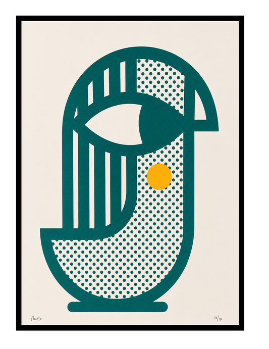 Bird 1 handmade screenprint by PLUMO featuring a geometric abstract bird shape in teal with dotted textures and a yellow circular detail on an off-white background, modern A3 wall art print for contemporary interiors.