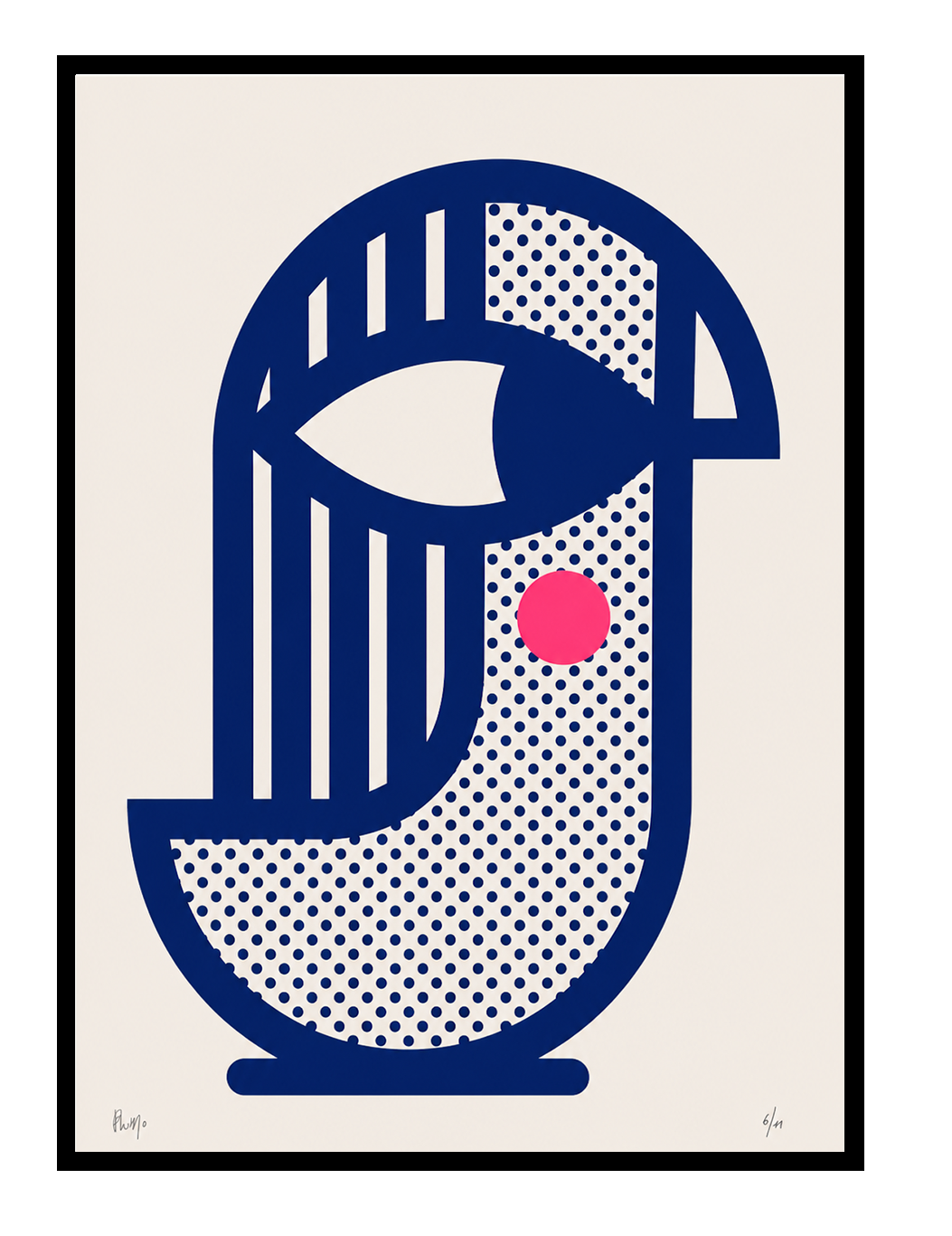 Handmade geometric screenprint titled Bird 2 by PLUMO featuring abstract bird-inspired shapes in deep cobalt blue with dotted textures and a bright pink circle on a neutral background.