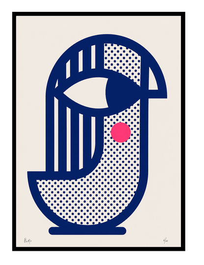 Handmade geometric screenprint titled Bird 2 by PLUMO featuring abstract bird-inspired shapes in deep cobalt blue with dotted textures and a bright pink circle on a neutral background.