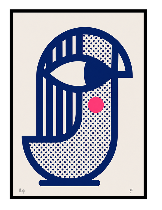 Handmade geometric screenprint titled Bird 2 by PLUMO featuring abstract bird-inspired shapes in deep cobalt blue with dotted textures and a bright pink circle on a neutral background.