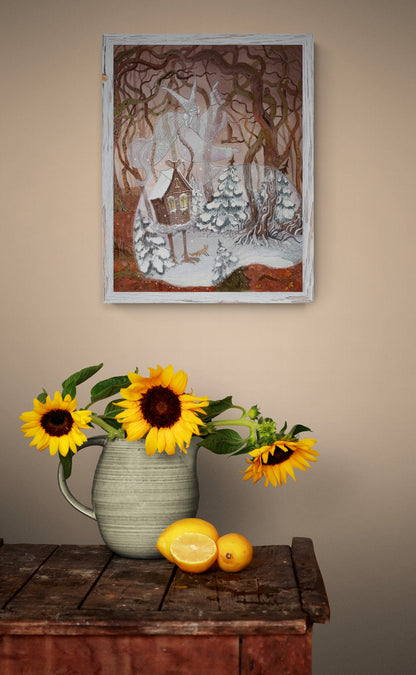 Enchanting winter illustration Baba Yaga’s Cabin by Lena Yampolski — giclée art print featuring a magical hut on chicken legs in a snowy forest, inspired by Slavic folklore and Andersen’s Snow Queen. Perfect fairy-tale wall art for cozy homes and kids’ rooms.