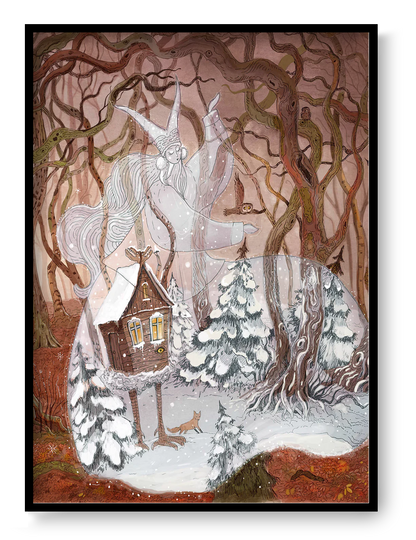 Enchanting winter illustration Baba Yaga’s Cabin by Lena Yampolski — giclée art print featuring a magical hut on chicken legs in a snowy forest, inspired by Slavic folklore and Andersen’s Snow Queen. Perfect fairy-tale wall art for cozy homes and kids’ rooms.